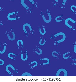 Blue Magnet with lightning icon isolated seamless pattern on blue background. Horseshoe magnet, magnetism, magnetize, attraction sign. Vector Illustration