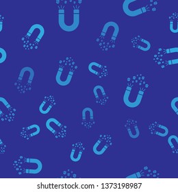 Blue Magnet with money icon isolated seamless pattern on blue background. Concept of attracting investments, money. Big business profit attraction and success. Vector Illustration