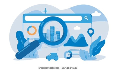Blue magnifier searches urban architecture within online dashboard interface modern
