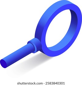 Blue magnifying glass casting a shadow on a white background, symbolizing the act of searching and exploring innovative solutions while emphasizing the quest for knowledge and insight