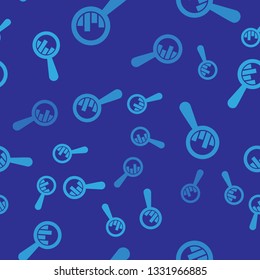 Blue Magnifying glass and data analysis icon isolated seamless pattern on blue background. Vector Illustration