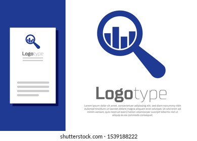 Blue Magnifying glass and data analysis icon isolated on white background. Logo design template element. Vector Illustration