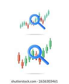 Blue magnifying glass examining candlestick chart. Financial data analysis and market research concept. 3d vector illustration set for business strategy.