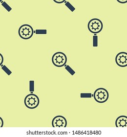 Blue Magnifying glass and gear icon isolated seamless pattern on yellow background. Search gear tool. Business analysis symbol.  Vector Illustration