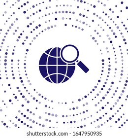 Blue Magnifying glass with globe icon isolated on white background. Analyzing the world. Global search sign. Abstract circle random dots. Vector Illustration