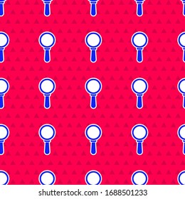 Blue Magnifying glass icon isolated seamless pattern on red background. Search, focus, zoom, business symbol.  Vector Illustration