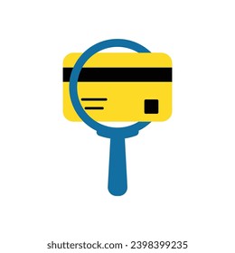 blue magnifying glass and yellow credit card. concept of banking risk detection or check falsification or good score. flat cartoon modern finance inquiry logotype graphic design isolated on white