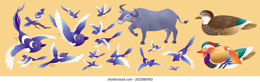 Blue Magpie And Animals For Qixi. The Animal Characters With Different Poses For Chinese Valentine's Legend On Orange Background