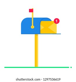 Blue mail box with envelope letter flat style design vector illustration icon sign. New message symbol with number 1 on it isolated on white background.