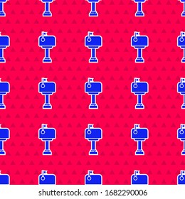 Blue Mail box icon isolated seamless pattern on red background. Mailbox icon. Mail postbox on pole with flag.  Vector Illustration