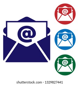 Blue Mail and e-mail icon isolated on white background. Envelope symbol e-mail. Email message sign. Set color icon in circle buttons. Vector Illustration