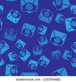 Blue Mail and e-mail icon isolated seamless pattern on blue background. Envelope symbol e-mail. Email message sign. Vector Illustration