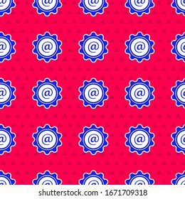 Blue Mail y el icono de correo electrónico aislados sin problemas en el fondo rojo. Símbolo de sobres e-mail. Signo de mensaje de correo electrónico.  Ilustración vectorial