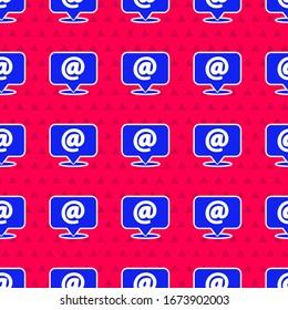 Blue Mail and e-mail on speech bubble icon isolated seamless pattern on red background. Envelope symbol e-mail. Email message sign.  Vector Illustration