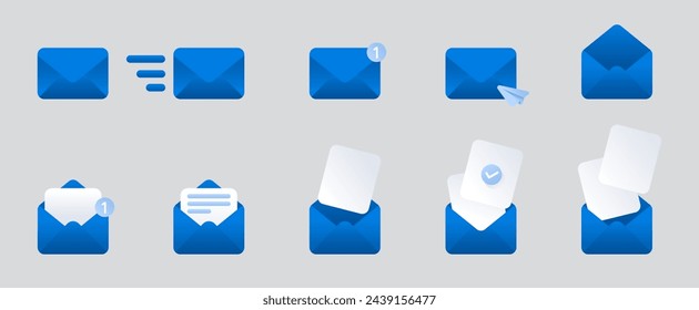 Blue mail envelope icon set with marker new message isolated on grey background. Render email notification with letters, check mark, paper plane and magnifying glass icons. Realistic vector 10 eps.