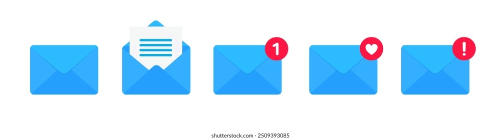 Ícone de envelope de email azul definido com novo marcador de mensagem. Notificação de carta de email com marca. Ilustração vetorial