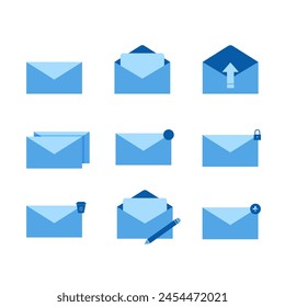 Vector de iconos de correo azul, mensaje, sobres, colección de Vector estilo plano con PNG (color editable)