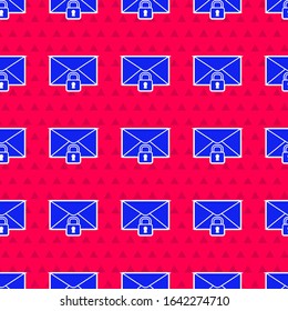 Blue Mail message lock password icon isolated seamless pattern on red background. Envelope with padlock. Private, security, secure, protection, privacy.  Vector Illustration