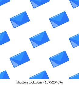 Blue Mail symbol flat graphic illustration wallpaper on white background. Email seamless pattern.