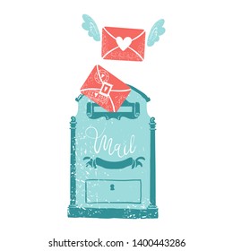 Blue mailbox. Envelope with wings and hearts, love postcard with letters. Valentine's day clip art. Mail delivery concept