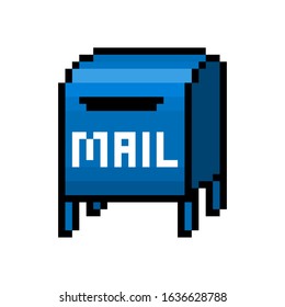 Blue mailbox, pixel art icon isolated on white background. 8 bit post box symbol. Old school vintage retro slot machine/video game graphics.