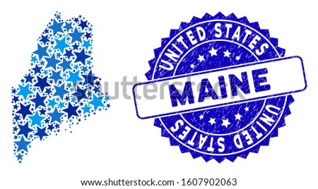 Blue Maine State map mosaic of stars, and grunge rounded stamp. Abstract geographic plan in blue color tints. Vector Maine State map is formed of blue stars.