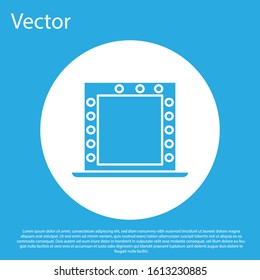 Blue Makeup mirror with lights icon isolated on blue background. White circle button. Vector Illustration