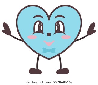 Blue male character in heart shape. Symbol of love with arms and legs, smile on face, in bow tie. Color vector illustration. Isolated white background. Cartoon and kawaii style. Idea for web design.