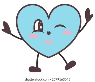 Blue male character in the shape of a heart winks. Symbol of love with a smile on his face, raises his hands up, dances with his legs. Color vector illustration. Isolated white background. Kawaii.