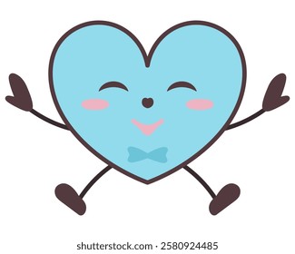 Blue male character in the shape of a heart is pleased. The symbol of love squints and jumps. Smile on the face, bow tie, arms to the sides. Color vector illustration. Isolated white background. 