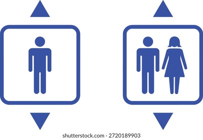 Elevador azul masculino e feminino com setas para cima e para baixo