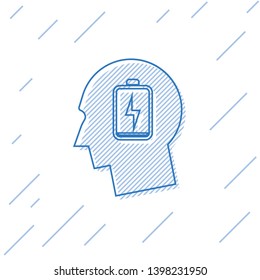 Blue Male head with low battery line icon isolated on white background. Tired man. Vector Illustration