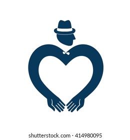 Blue male icon.  Man vector. Heart symbol. Heart vector. Hands icon. 