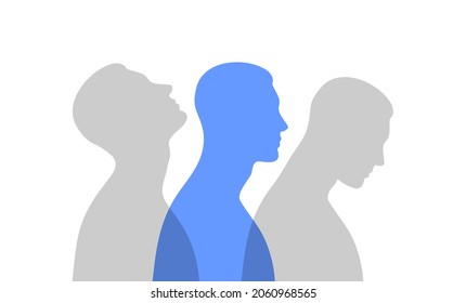 Blue male silhouette in profile with a gray transparent projections. Mental health concept. Duality and hidden emotions.