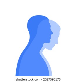 Silueta azul masculina de perfil con proyección translúcida. Concepto de salud mental. Dualidad y emociones ocultas.