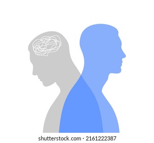 Silueta azul masculina de perfil con proyección gris translúcida. Concepto de salud mental. Dualidad y emociones ocultas