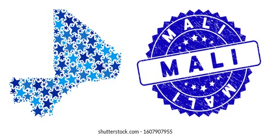 Blue Mali map composition of stars, and textured rounded stamp seal. Abstract territorial scheme in blue color hues. Vector Mali map is designed of blue stars.