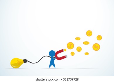 blue man attracts money with a large light bulb and magnet, idea and business concept