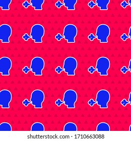 Blue Man coughing icon isolated seamless pattern on red background. Viral infection, influenza, flu, cold symptom. Tuberculosis, mumps, whooping cough.  Vector Illustration.