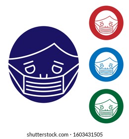 Blue Man face in a medical protective mask icon isolated on white background. Quarantine. Set color icons in circle buttons. Vector Illustration