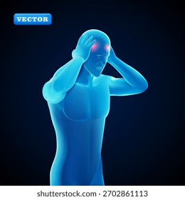 Hombre azul que tiene un dolor de cabeza, Vector 3D. Adecuado para fines médicos y de salud