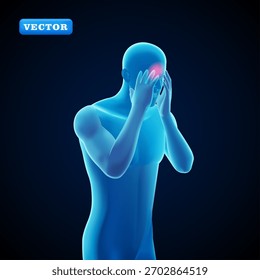 Hombre azul que tiene un dolor de cabeza, Vector 3D. Adecuado para fines médicos y de salud