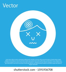 Blue Man having headache, migraine icon isolated on blue background. White circle button. Vector Illustration