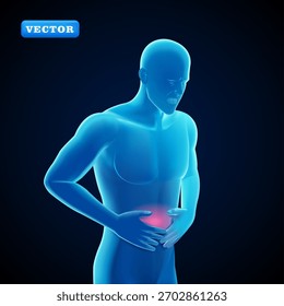 Blauer Mann mit Magenschmerzen, 3D-Vektor. Geeignet für medizinische und gesundheitliche Zwecke