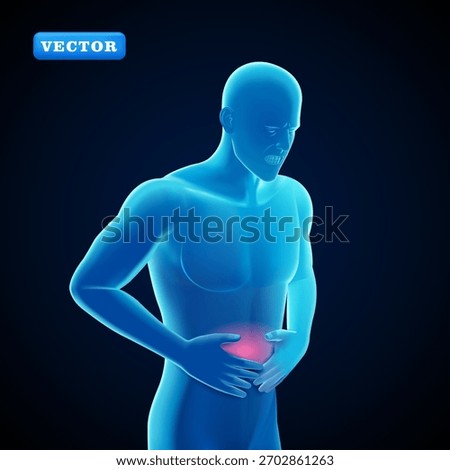 Blue man having stomach ache, 3D vector. Suitable for medical and health purposes