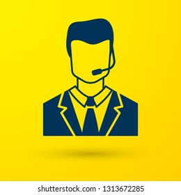 Blue Man with a headset icon isolated on yellow background. Support operator in touch. Concept for call center, client support service. Vector Illustration