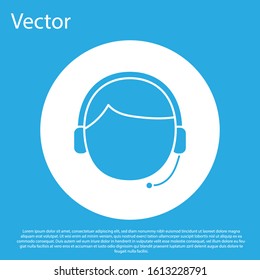Blue Man with a headset icon isolated on blue background. Support operator in touch. Concept for call center, client support service. White circle button. Vector Illustration