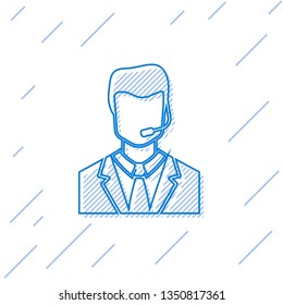 Blue Man with a headset line icon isolated on white background. Support operator in touch. Concept for call center, client support service. Vector Illustration