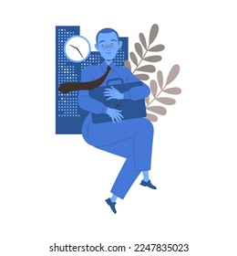 Blue Man Office Worker in Suit with Briefcase Engaged in Business Career Development Vector Illustration