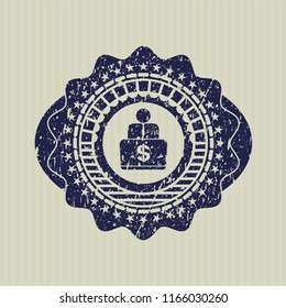 Blue man working on computer icon inside distress grunge style stamp
